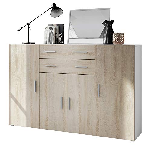 Vladon Highboard Aron Anrichte mit 2 Schubladen und 4 Türen mit insgesamt 8 Fächer dahinter, Weiß matt/Eiche sägerau (166,5 x 106,5 x 35 cm) von Vladon