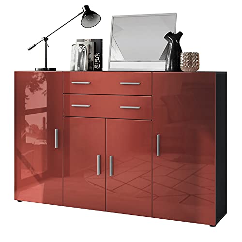 Vladon Highboard Aron Anrichte mit 2 Schubladen und 4 Türen mit insgesamt 8 Fächer dahinter, Anthrazit matt/Bordeaux Hochglanz (166,5 x 106,5 x 35 cm) von Vladon