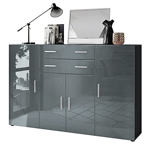 Vladon Highboard Aron Anrichte mit 2 Schubladen und 4 Türen mit insgesamt 8 Fächer dahinter, Anthrazit matt/Grau Hochglanz (166,5 x 106,5 x 35 cm) von Vladon