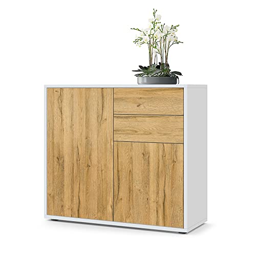 Vladon Sideboard Ben, Made in Germany, Kommode mit 2 Türen und 2 Schubladen, Weiß matt/Eiche Natur (79 x 74 x 36 cm) von Vladon