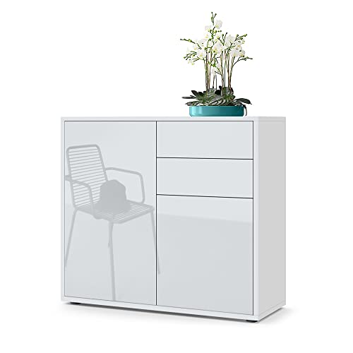 Vladon Sideboard Ben, Made in Germany, Kommode mit 2 Türen und 2 Schubladen, Weiß matt/Weiß Hochglanz (79 x 74 x 36 cm) von Vladon