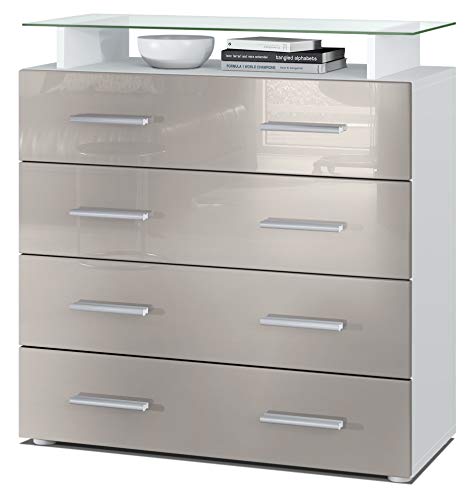 Vladon Sideboard Pavos V2, Kommode mit 4 Schubladen und Glasablage, Weiß matt/Sandgrau Hochglanz (76 x 81 x 35 cm) Vladon Sideboard Pavos V2, Kommode mit 4 Schubladen und Glasablage, Weiß matt/Sandgrau Hochglanz (76 x 81 x 35 cm) von Vladon