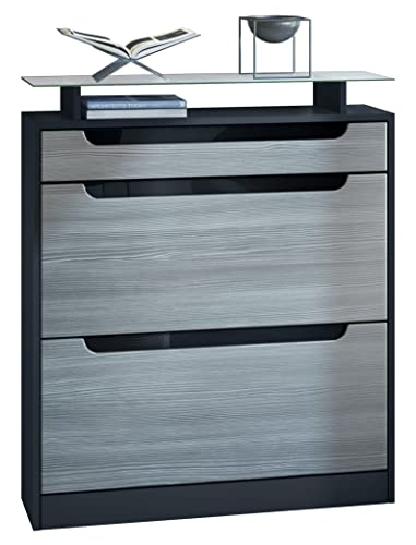 Vladon Schuhschrank Fiesta, Schwarz matt/Avola-Anthrazit/Schwarz Hochglanz - Schuhkipper für 16 Paar Schuhe (89 x 104 x 23 cm) von Vladon