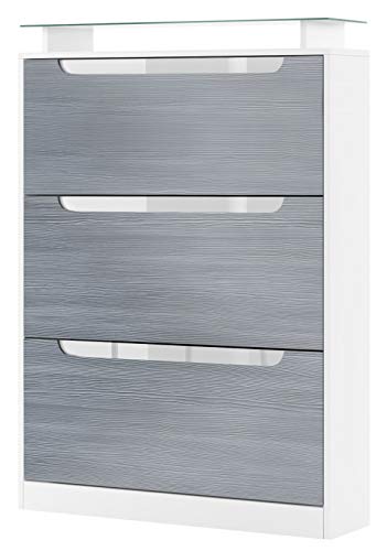 Vladon Schuhschrank Space, Made in Germany, Schuhkipper für 24 Paar Schuhe mit 3 Klappen und Glasablage, Weiß matt/Avola-Anthrazit mit Absetzungen in Weiß Hochglanz (89 x 128 x 23 cm) von Vladon