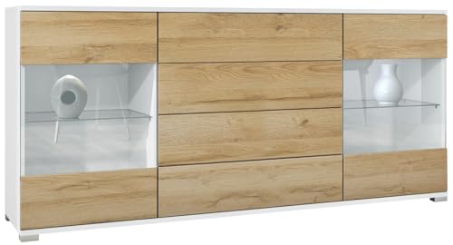 Sideboard Bari V2, Kommode mit 2 großen Türen und 4 Schubladen, Weiß matt/Eiche Natur (166,5 x 75,5 x 35) von Vladon