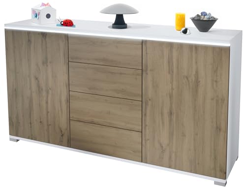 Sideboard Faro V1 - Kommode mit 2 Türen & 4 Schubladen, Schrank mit LED Lichtleiste, Weiß matt/Eiche Evoke (138,5 x 75,5 x 35) von Vladon