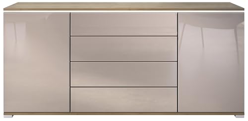 Sideboard Faro V2 - Kommode mit 2 Türen & 4 Schubladen, Schrank mit LED Lichtleiste, Eiche Evoke/Sandgrau Hochglanz (166,5 x 75,5 x 35) von Vladon