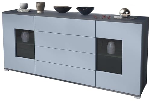 Sideboard Grömitz V2, Kommode mit 2 großen Türen und 4 Schubladen, Anthrazit matt/Denim matt (166,5 x 75,5 x 35) von Vladon