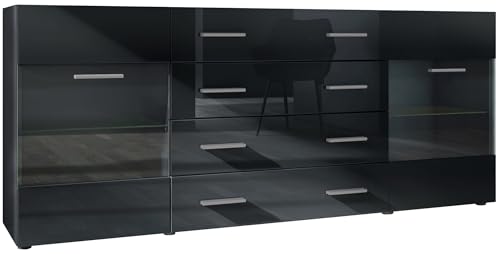 Vladon Sideboard Kommode Bari V2, Made in Germany, Korpus in Schwarz matt/Front in Schwarz Hochglanz (166 x 72 x 35) von Vladon