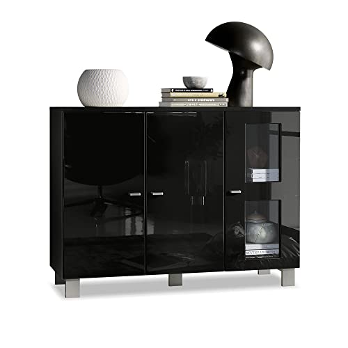 Vladon Sideboard Denjo, Made in Germany, Kommode mit 3 Türen, Schwarz matt/Schwarz Hochglanz (107 x 81 x 35 cm) von Vladon