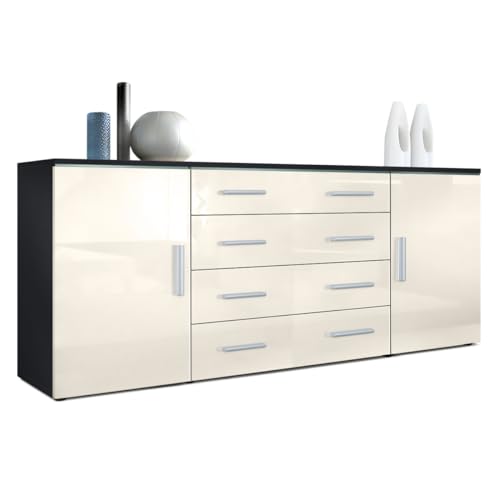 Vladon Sideboard Faro V2, Made in Germany, Kommode mit 2 Türen und 4 Schubladen, Schwarz matt/Creme Hochglanz (166 x 72 x 35 cm) von Vladon