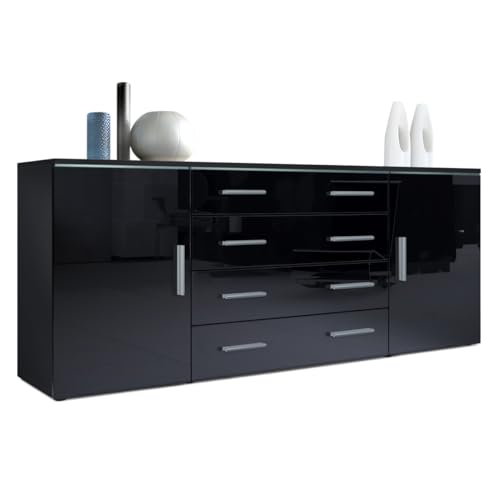 Vladon Sideboard Faro V2, Made in Germany, Kommode mit 2 Türen und 4 Schubladen, Schwarz matt/Schwarz Hochglanz (166 x 72 x 35 cm) von Vladon