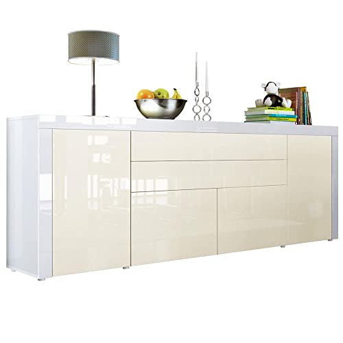 Vladon Sideboard La Paz V2, Made in Germany, Kommode mit 2 Türen, 2 Schubkästen und 2 Klappen, Weiß Hochglanz/Creme Hochglanz/Weiß Hochglanz (200 x 72 x 35 cm) von Vladon