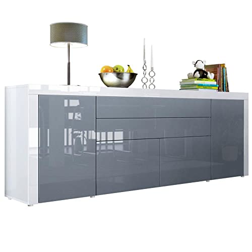 Vladon Sideboard La Paz V2, Made in Germany, Kommode mit 2 Türen, 2 Schubkästen und 2 Klappen, Weiß Hochglanz/Grau Hochglanz/Weiß Hochglanz (200 x 72 x 35 cm) von Vladon