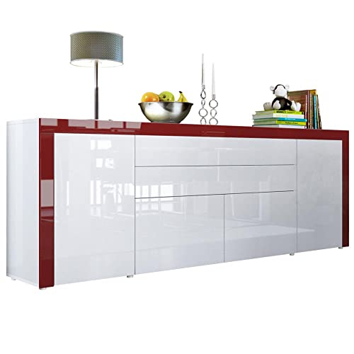 Vladon Sideboard La Paz V2, Made in Germany, Kommode mit 2 Türen, 2 Schubkästen und 2 Klappen, Weiß Hochglanz/Weiß Hochglanz/Bordeaux Hochglanz (200 x 72 x 35 cm) von Vladon