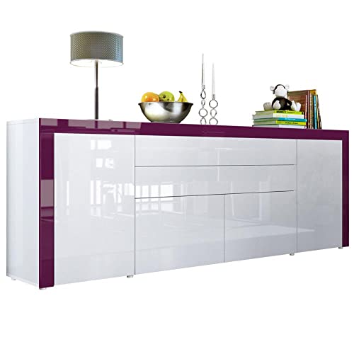 Vladon Sideboard La Paz V2, Made in Germany, Kommode mit 2 Türen, 2 Schubkästen und 2 Klappen, Weiß Hochglanz/Weiß Hochglanz/Brombeer Hochglanz (200 x 72 x 35 cm) von Vladon