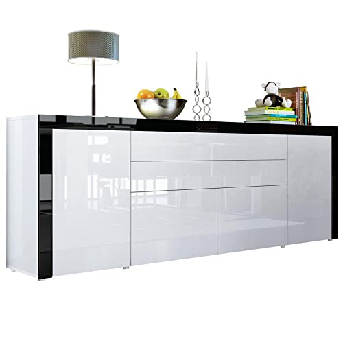 Vladon Sideboard La Paz V2, Made in Germany, Kommode mit 2 Türen, 2 Schubkästen und 2 Klappen, Weiß Hochglanz/Weiß Hochglanz/Schwarz Hochglanz (200 x 72 x 35 cm) von Vladon