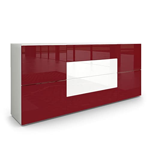 Vladon Sideboard Rova, Made in Germany, Kommode mit 4 Türen und 4 Schubladen, Weiß matt/Bordeaux Hochglanz/Weiß Hochglanz (166 x 72 x 35 cm) von Vladon