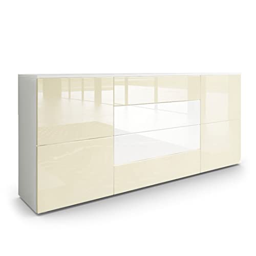 Vladon Sideboard Rova, Made in Germany, Kommode mit 4 Türen und 4 Schubladen, Weiß matt/Creme Hochglanz/Weiß Hochglanz (166 x 72 x 35 cm) von Vladon