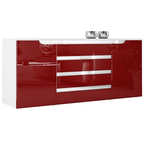 Vladon Sideboard Kommode Sylt V2, Made in Germany, Korpus in Weiß matt/Front in Bordeaux Hochglanz mit Absetzungen in Weiß Hochglanz (166 x 72 x 35) von Vladon