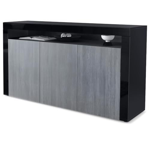 Vladon Sideboard Valencia, Made in Germany, Kommode mit 3 Türen und 1 offenem Fach, Schwarz matt/Avola-Anthrazit/Schwarz Hochglanz (155 x 92 x 40 cm) von Vladon