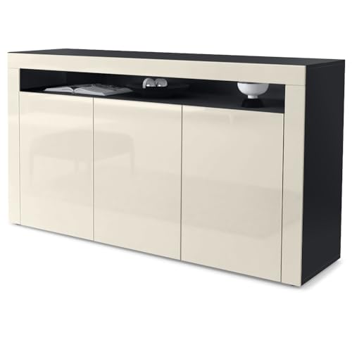 Vladon Sideboard Valencia, Made in Germany, Kommode mit 3 Türen und 1 offenem Fach, Schwarz matt/Creme Hochglanz/Creme Hochglanz (155 x 92 x 40 cm) von Vladon