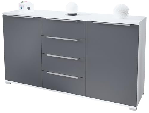 Sideboard Linio V1, Anrichte mit 2 Türen und 4 Schubladen, Weiß matt/Anthrazit matt (138,5 x 75,5 x 35 cm) von Vladon