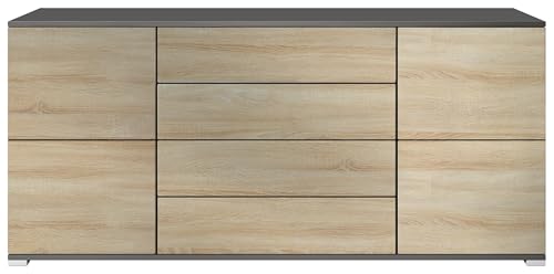 Sideboard Rova V2, Kommode mit 4 Türen und 4 Schubladen, Anthrazit matt/Eiche sägerau (166,5 x 75,5 x 35) von Vladon