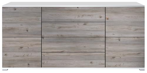 Sideboard Rova V2, Kommode mit 4 Türen und 4 Schubladen, Weiß matt/Eiche Nordic (166,5 x 75,5 x 35) von Vladon