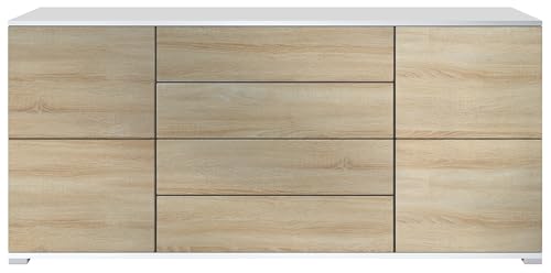 Sideboard Rova V2, Kommode mit 4 Türen und 4 Schubladen, Weiß matt/Eiche sägerau (166,5 x 75,5 x 35) von Vladon
