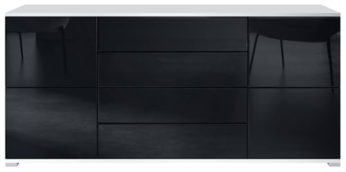 Sideboard Rova V2, Kommode mit 4 Türen und 4 Schubladen, Weiß matt/Schwarz Hochglanz (166,5 x 75,5 x 35) von Vladon