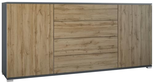 Sideboard Santo V2, Anrichte mit 2 Türen und 4 Schubladen, Anthrazit matt/Eiche Evoke (166,5 x 75,5 x 35 cm) von Vladon