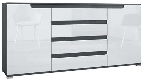 Sideboard Sylt V2, Kommode mit 2 Türen und 4 Schubladen, Korpus - Anthrazit matt/Front - Weiß Hochglanz/Absetzung - Anthrazit matt (166,5 x 75,5 x 35 cm) von Vladon