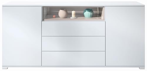 Skadu V4 Sideboard, Kommode mit 2 Türen, 3 Schubladen und 1 offenem Fach, Weiß matt/Sandgrau Hochglanz (166,5 x 75,5 x 35 cm) von Vladon