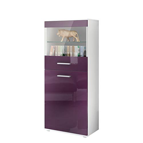 Vladon Vitrine Almada, Made in Germany, Standvitrine mit 2 Türen, 4 Fächern und 1 Glaseinsatz, Weiß matt/Brombeer Hochglanz (53 x 125 x 30 cm) von Vladon