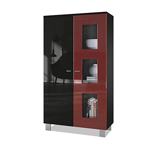 Vladon Vitrine Denjo, Made in Germany, Standvitrine mit 2 Türen und 3 Glaseinsätzen, Schwarz matt/Schwarz Hochglanz/Bordeaux Hochglanz (71 x 129 x 35 cm) von Vladon