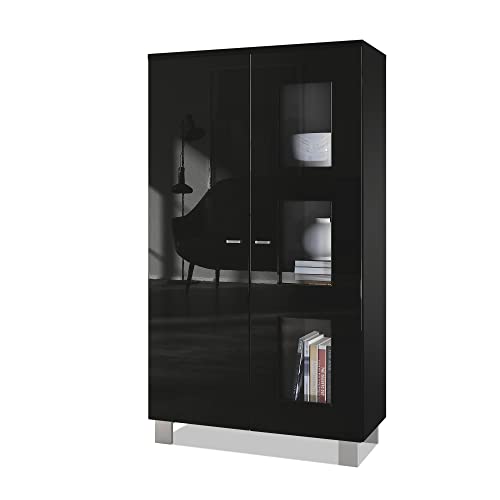 Vladon Vitrine Denjo, Made in Germany, Standvitrine mit 2 Türen und 3 Glaseinsätzen, Schwarz matt/Schwarz Hochglanz (71 x 129 x 35 cm) von Vladon