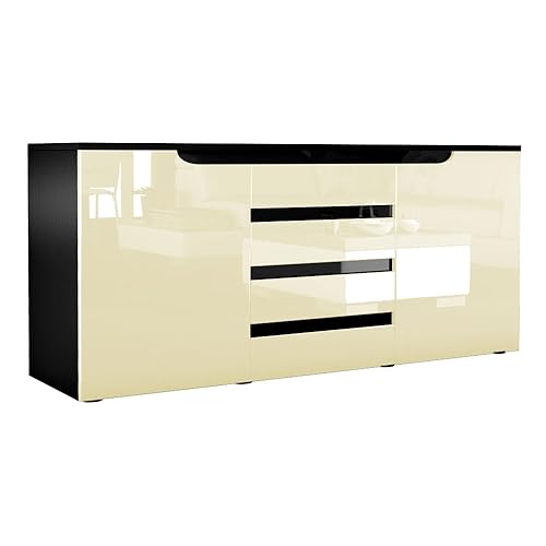 Vladon Sideboard Kommode Sylt V1, Made in Germany, Korpus in Schwarz matt/Front in Creme Hochglanz mit Absetzungen in Schwarz Hochglanz (139 x 72 x 35) von Vladon