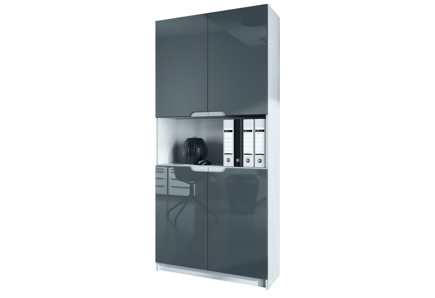 Vladon Aktenschrank Logan (Aktenschrank, mit 5 Fächern und 4 Türen) Weiß matt/Grau Hochglanz (82 x 184 x 37 cm) von Vladon