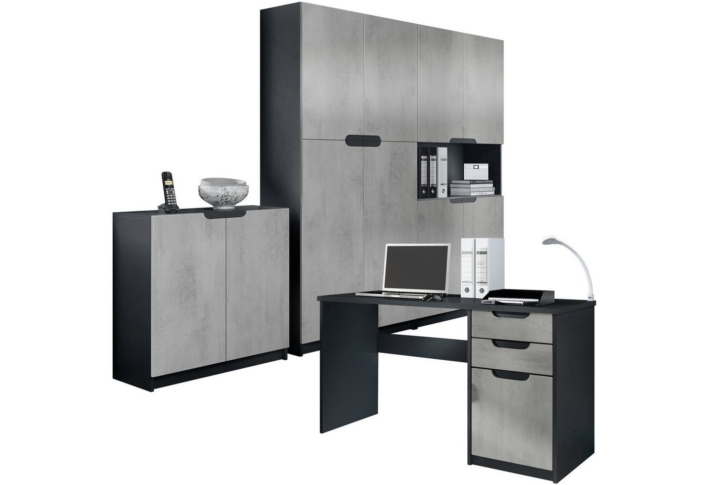 Vladon Aktenschrank Logan (Büromöbel-Set, 4-St., mit 1 Schreibtisch, 2 Schränken und 1 Kommode) Schwarz matt/Beton Oxid Optik (246 x 60 x 185 cm) von Vladon