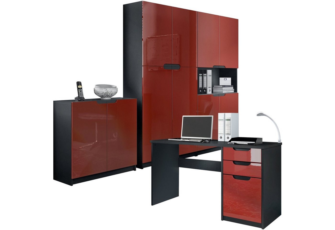 Vladon Aktenschrank Logan (Büromöbel-Set, 4-St., mit 1 Schreibtisch, 2 Schränken und 1 Kommode) Schwarz matt/Bordeaux Hochglanz (246 x 60 x 185 cm) von Vladon