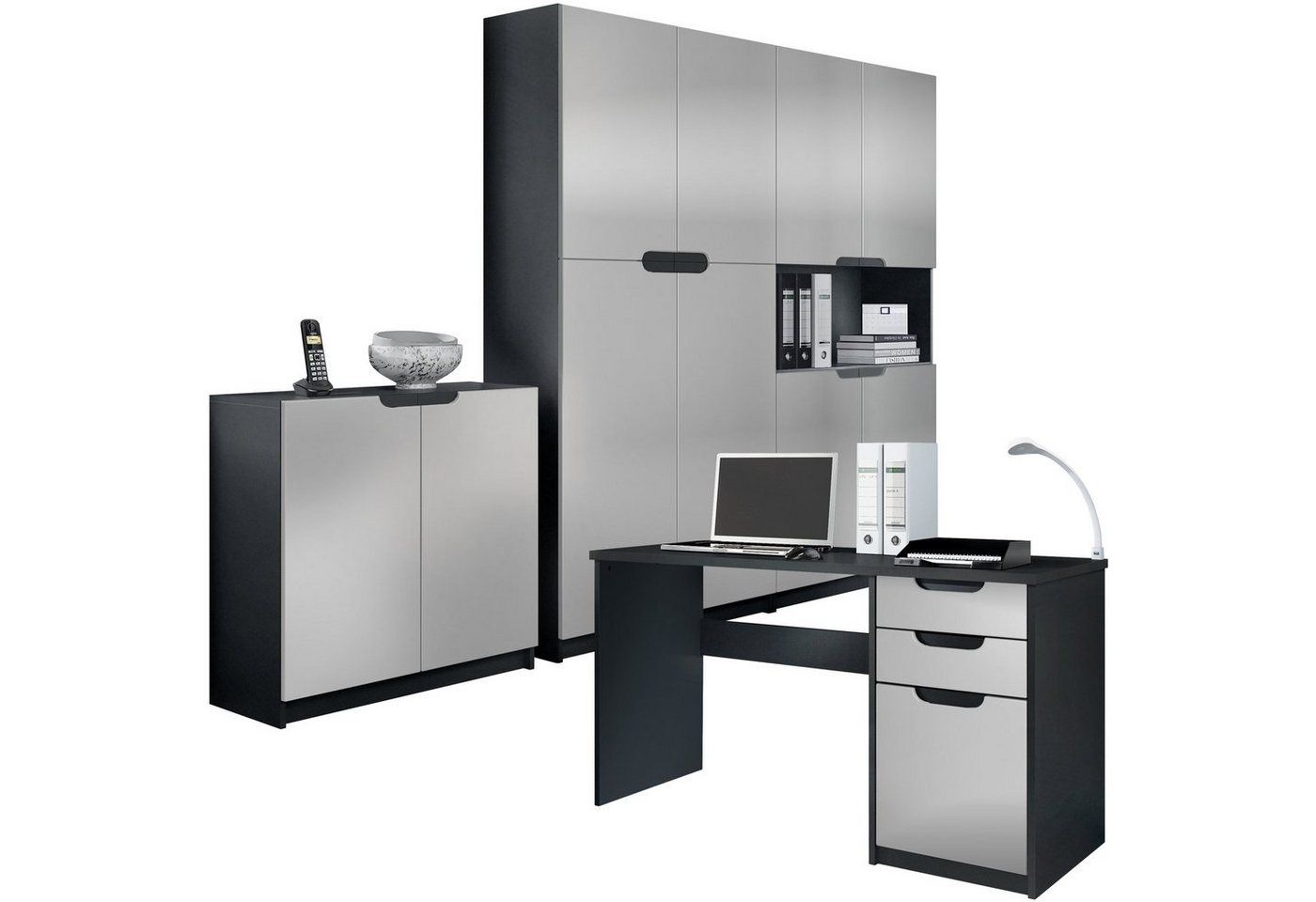 Vladon Aktenschrank Logan (Büromöbel-Set, 4-St., mit 1 Schreibtisch, 2 Schränken und 1 Kommode) Schwarz matt/Hellgrau Seidenmatt (246 x 60 x 185 cm) von Vladon