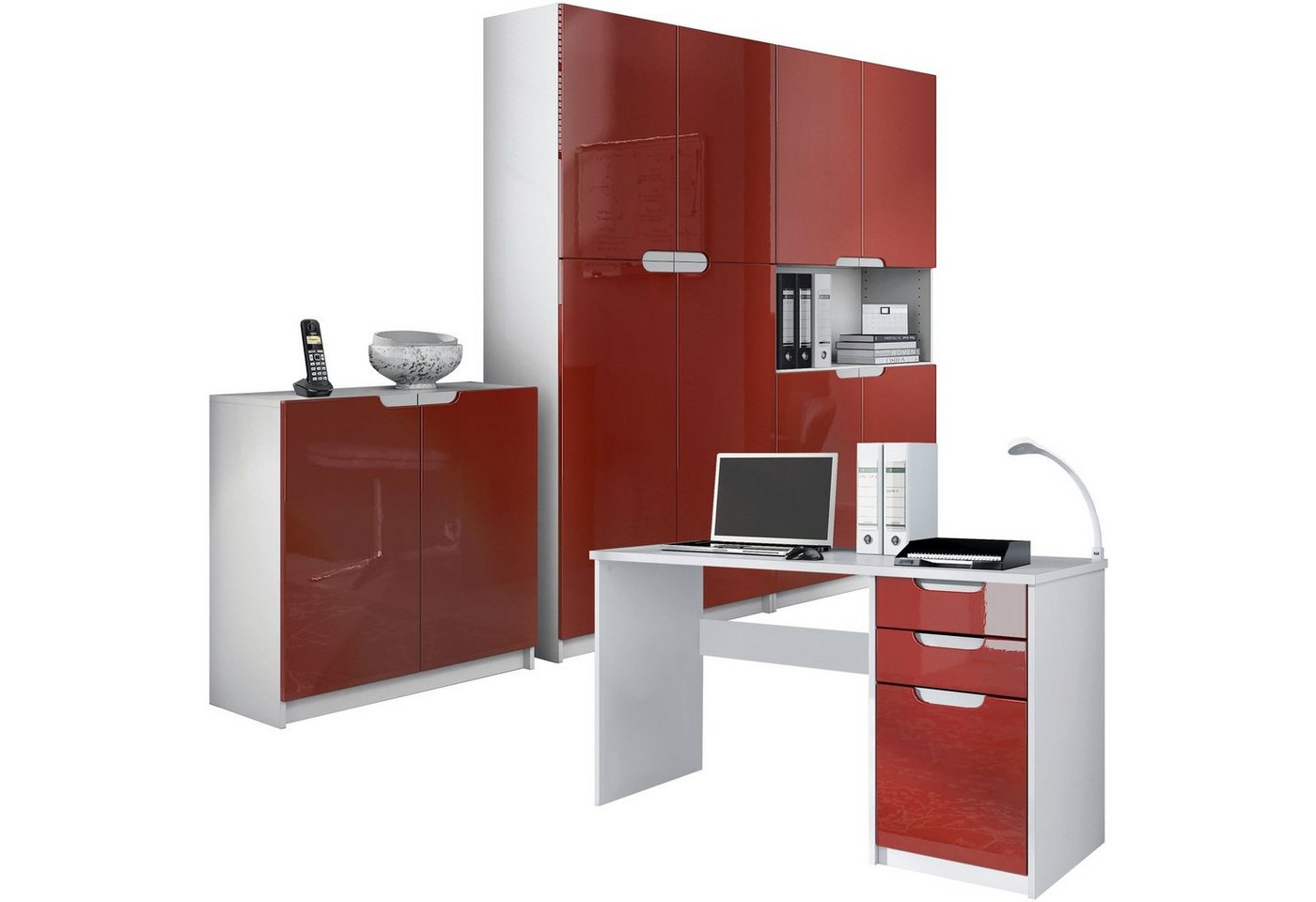 Vladon Aktenschrank Logan (Büromöbel-Set, mit 1 Schreibtisch, 2 Schränken und 1 Kommode) Weiß matt/Bordeaux Hochglanz (246 x 60 x 185 cm) von Vladon