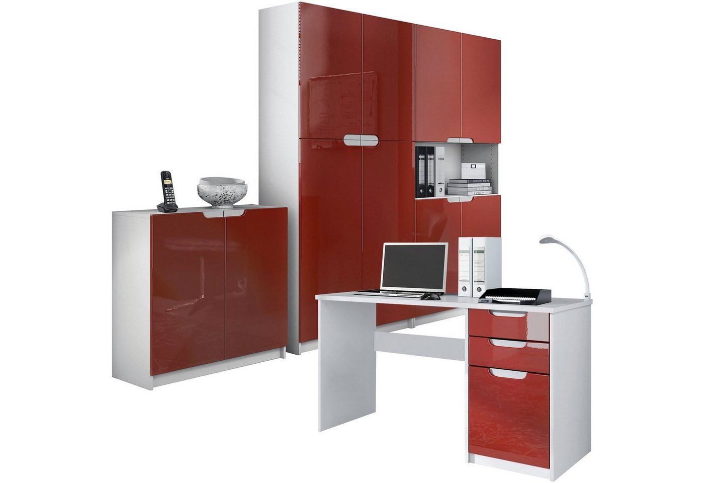 Vladon Aktenschrank Logan (Büromöbel-Set, 4-St., mit 1 Schreibtisch, 2 Schränken und 1 Kommode) Weiß matt/Bordeaux Hochglanz (246 x 60 x 185 cm) von Vladon