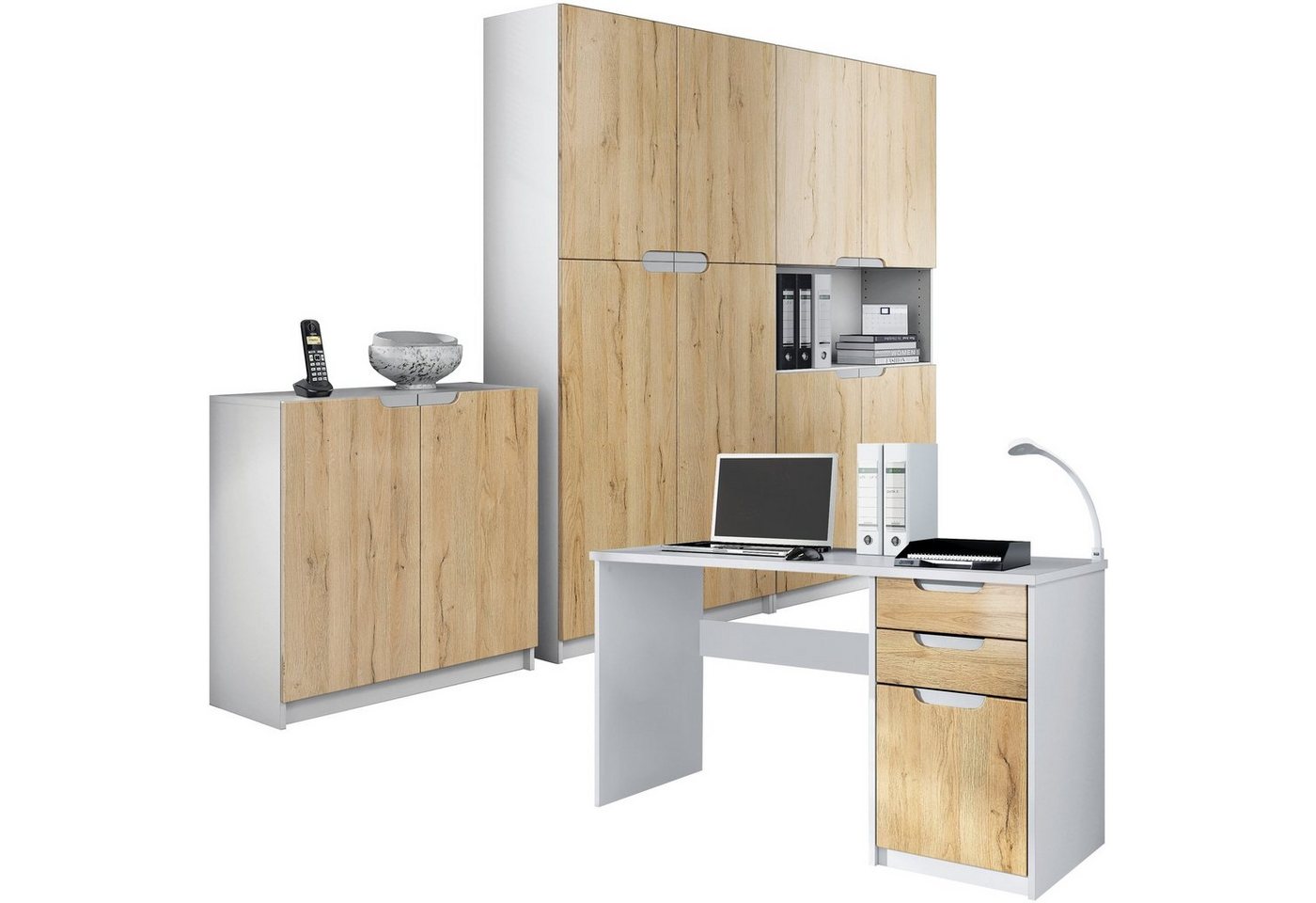 Vladon Aktenschrank Logan (Büromöbel-Set, 4-St., mit 1 Schreibtisch, 2 Schränken und 1 Kommode) Weiß matt/Eiche Natur (246 x 60 x 185 cm) von Vladon