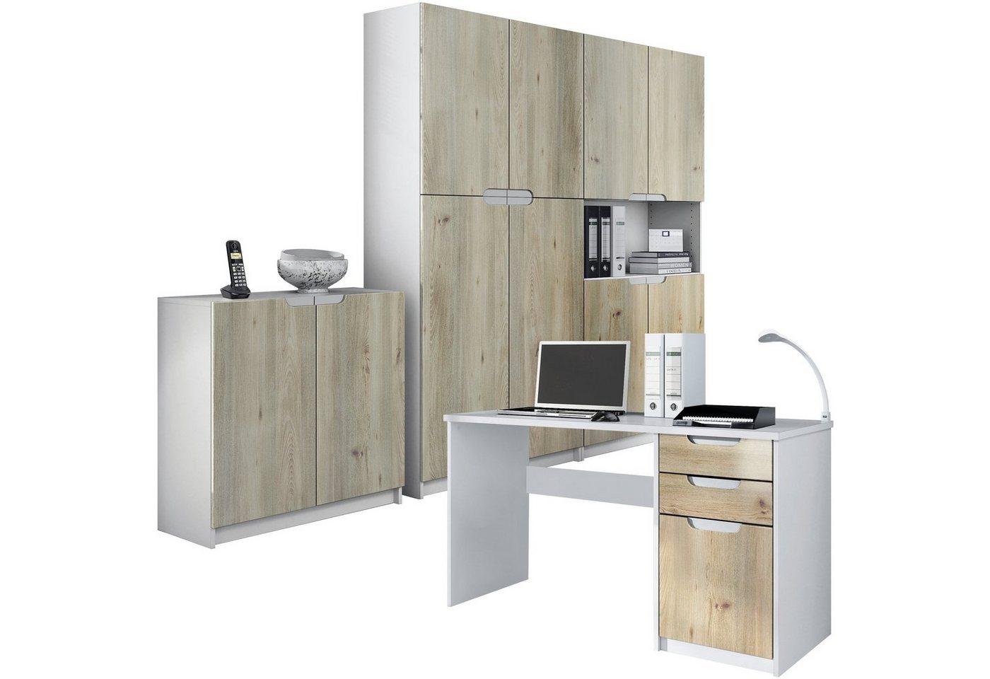 Vladon Aktenschrank Logan (Büromöbel-Set, 4-St., mit 1 Schreibtisch, 2 Schränken und 1 Kommode) Weiß matt/Eiche Nordic (246 x 60 x 185 cm) von Vladon