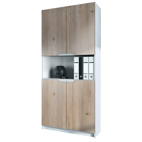 Vladon Büroschrank Logan V2, Made in Germany, Aktenschrank mit 5 Fächern und 4 Türen, Weiß matt/Eiche Nordic (82 x 184 x 37 cm) von Vladon