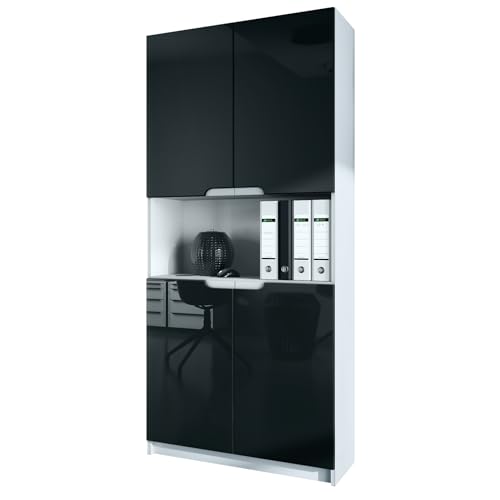 Vladon Büroschrank Logan V2, Made in Germany, Aktenschrank mit 5 Fächern und 4 Türen, Weiß matt/Schwarz Hochglanz (82 x 184 x 37 cm) von Vladon