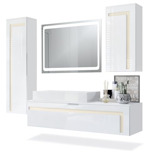 Vladon Badmöbel Komplettset Aloha, Made in Germany, Korpus in Weiß matt/Fronten in Weiß Hochglanz mit Absetzungen in Creme Hochglanz, mit Aufsatzwaschbecken und LED Spiegel von Vladon