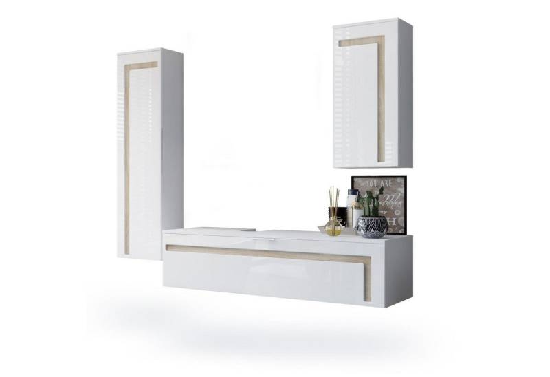 Vladon Badmöbel-Set Aloha, (Badezimmer-Set, mit 2 Hochschränken und 1 Unterschrank), Weiß matt/Weiß glänzend, Absetzungen in Eiche sägerau (210x51x185 cm) von Vladon